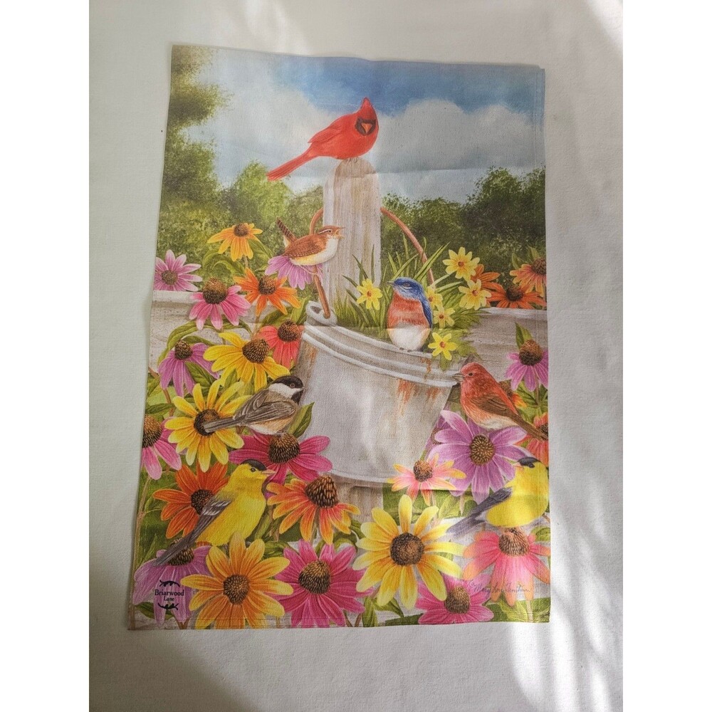 Spring Gathering Cardinal Garden Flag Floral Bucket Birds 12" x 17"